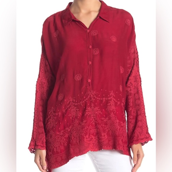 Johnny Was Antik Lace Collared Long Sleeve Blouse Red embroidered fairy whimsy M - Picture 1 of 16
